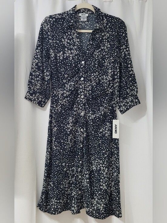 Dkny Dresses & Skirts - NWT DKNY Black & White Floral Ruched Midi Shirtdress